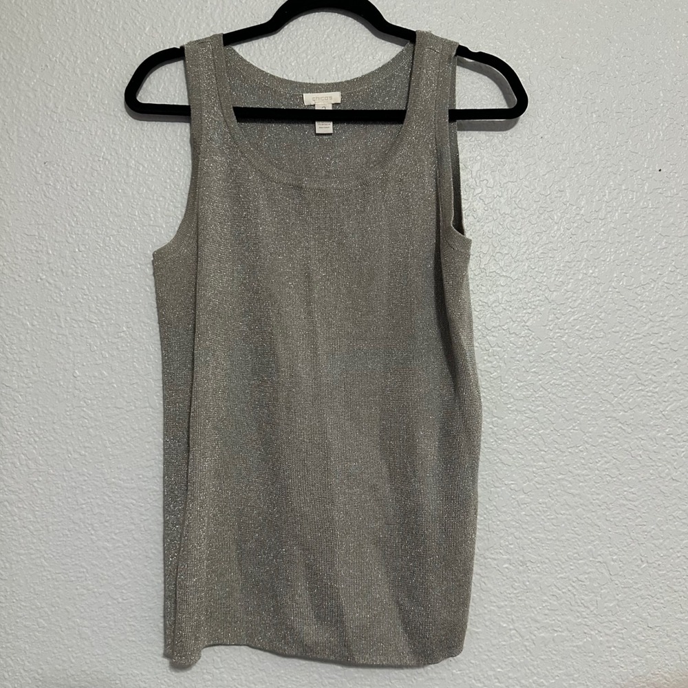 Chico's Silver Metallic Knit Sleeveless Shell Tank Top Scoop Neck Size 2 L